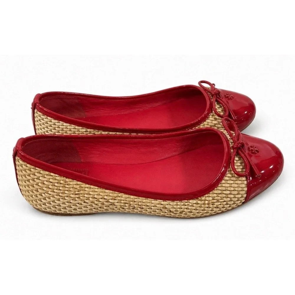 Tory Burch Ballet Flats Womens 8.5M Red Woven Straw Patent Leather Good Bow Logo